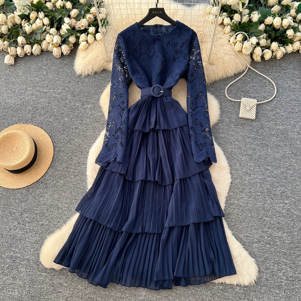 Lace O-Neck Long Sleeve A-Line Dress