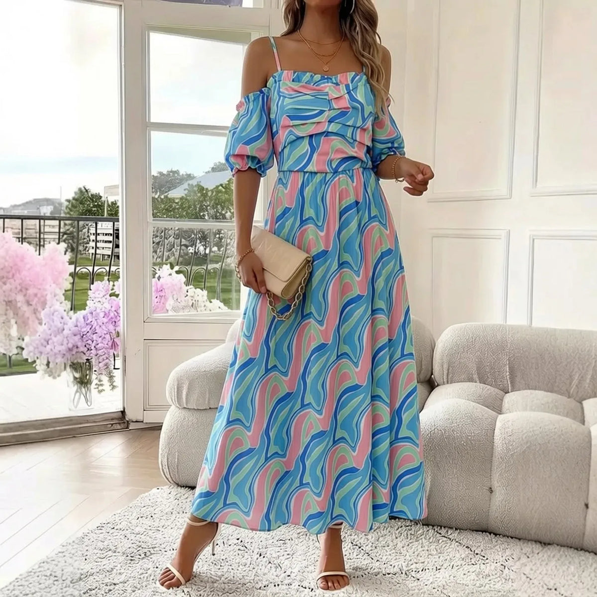 Off-Shoulder Print Maxi Summer Dress