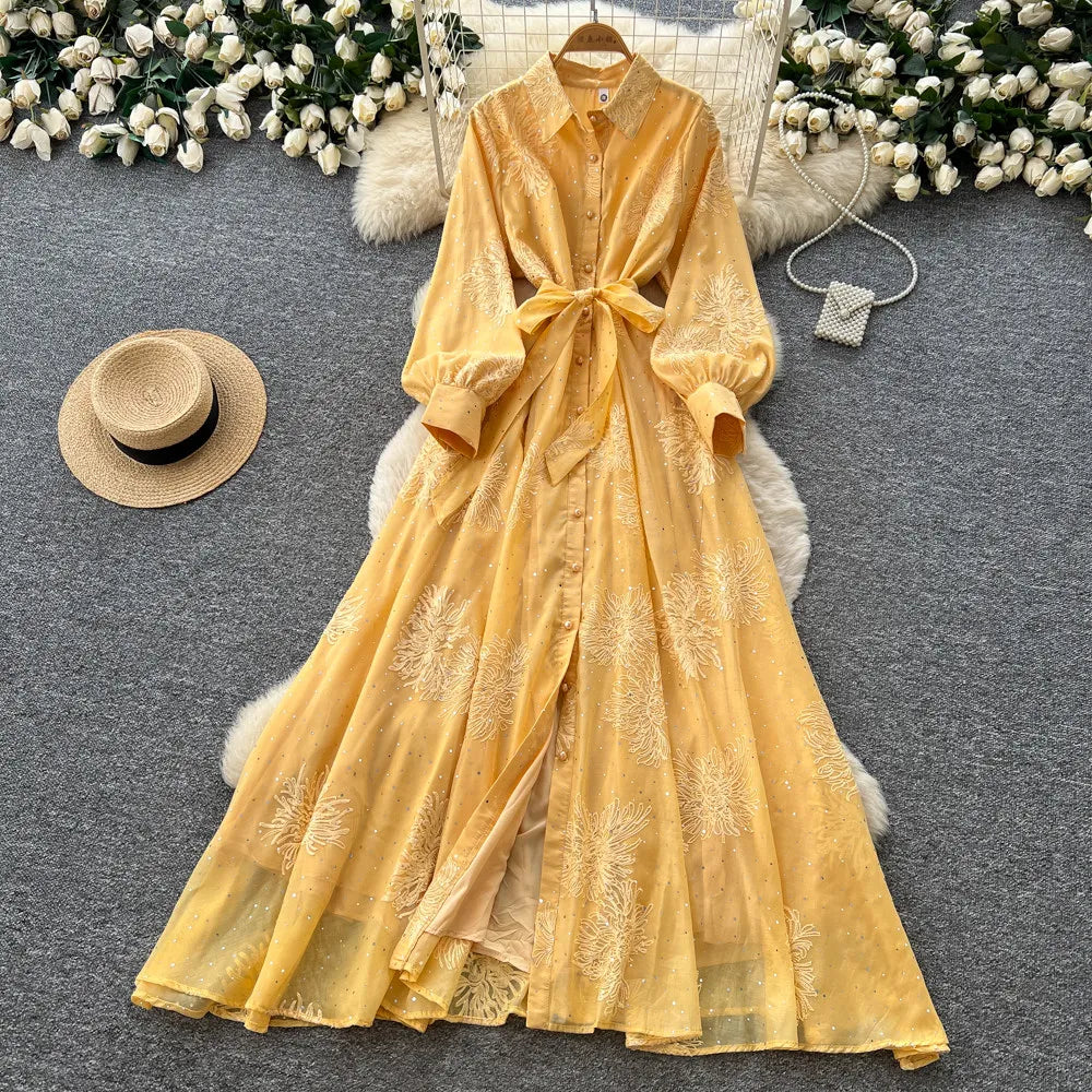 Embroidered Cutout Collared A-Line Dress