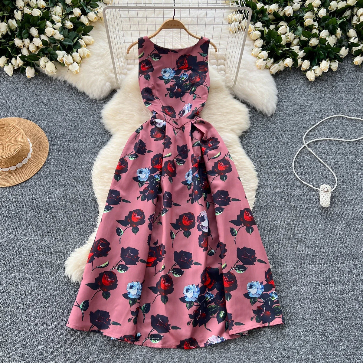 Print Pleated Sleeveless Ball Gown