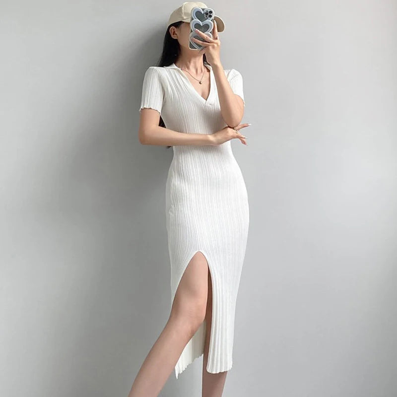 Polo Collar Ribbed Knit Slit Maxi Dress