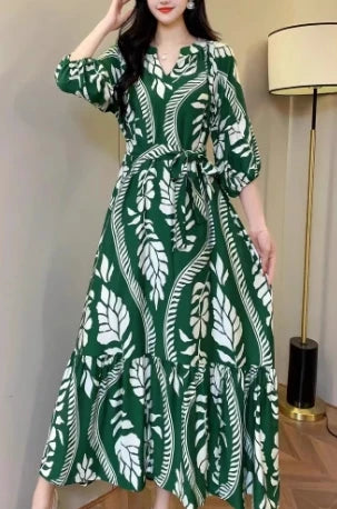 Print V-Neck Lantern Sleeve A-Line Maxi Dress