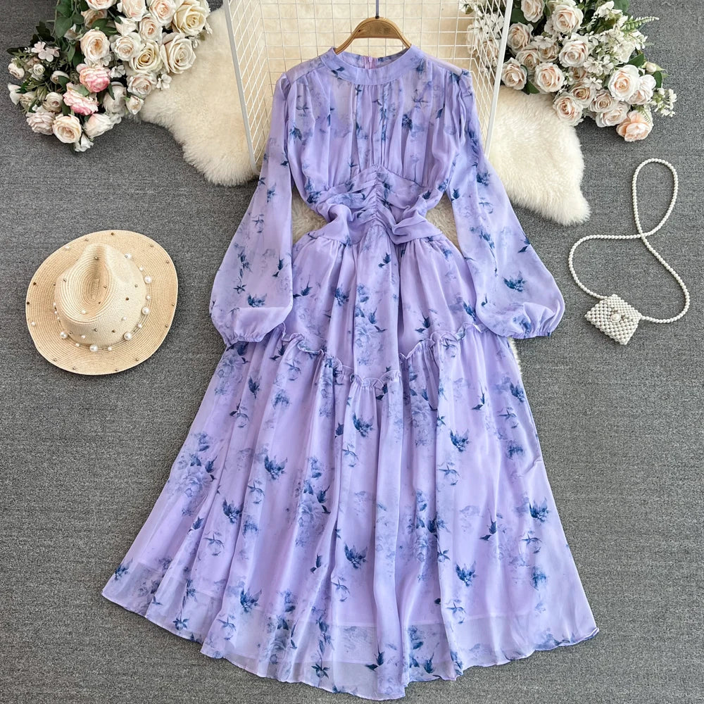 Print Mock Neck Lantern Sleeve A-Line Dress