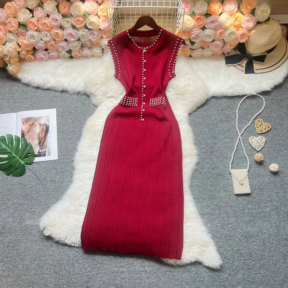 Pearl Pleated Knit Maxi Dress