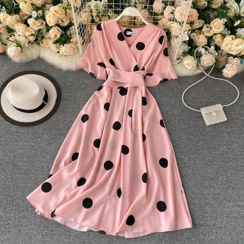 Polka Dot Tie Waist V-Neck Dress