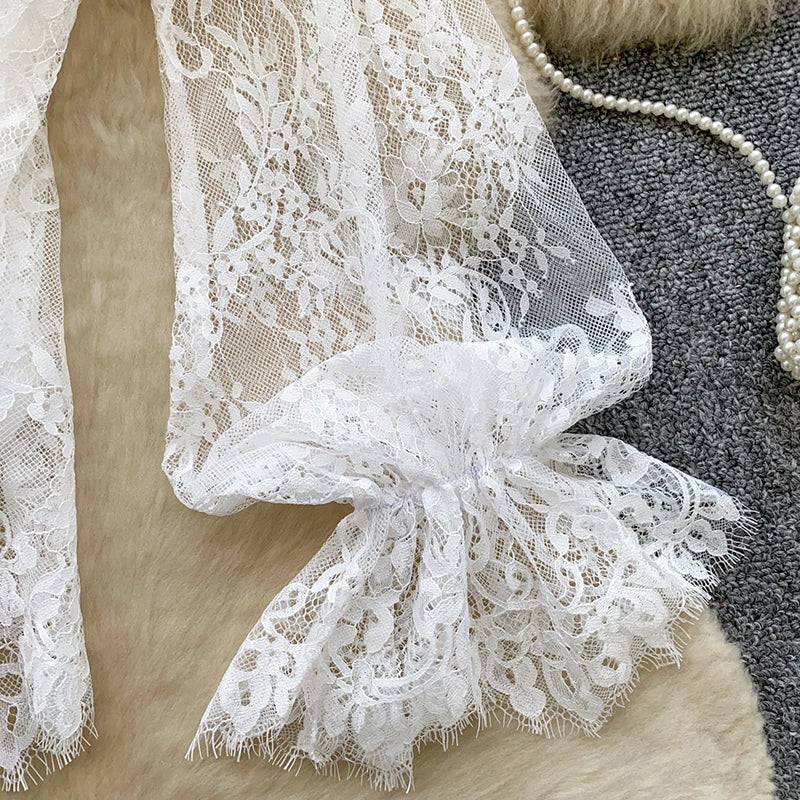 Black Lace Tie Neck Sheer Blouse