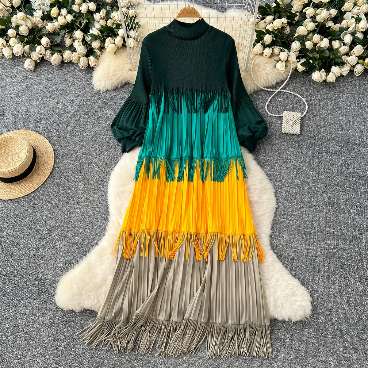 Tassel Patchwork Lantern Sleeve Dress