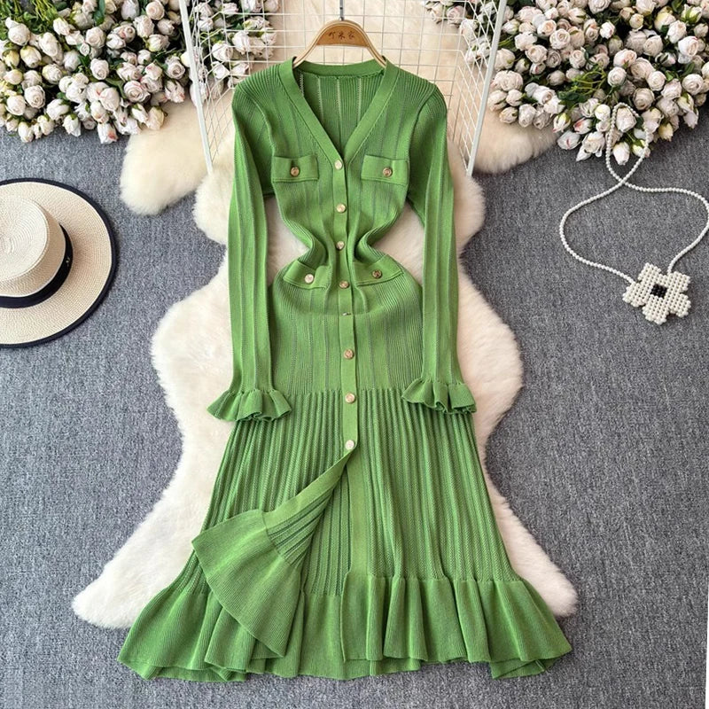 Ruffled Button V-Neck Knit Maxi Dress