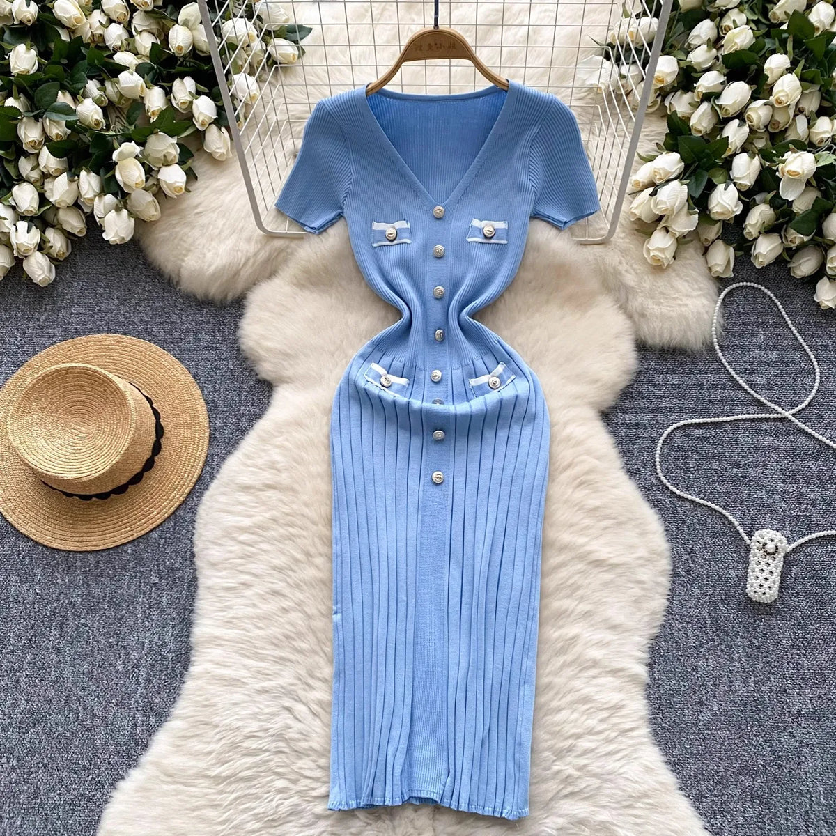 Stretch Knit V-Neck Button Bodycon Dress