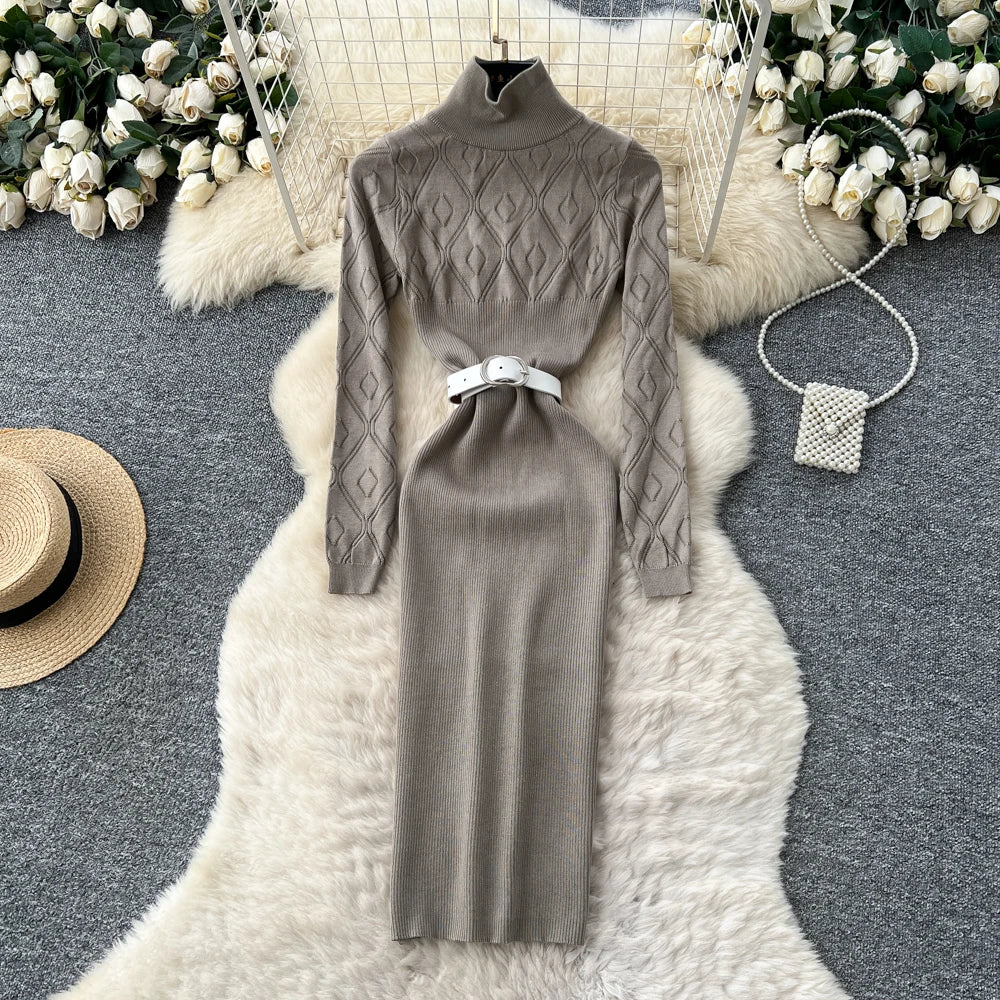 Belted Knit Long Sleeve Pencil Dress