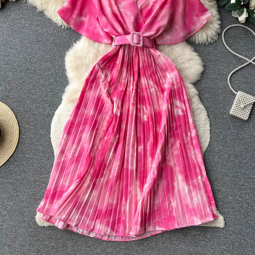 Tie Dye Chiffon V-Neck Dress