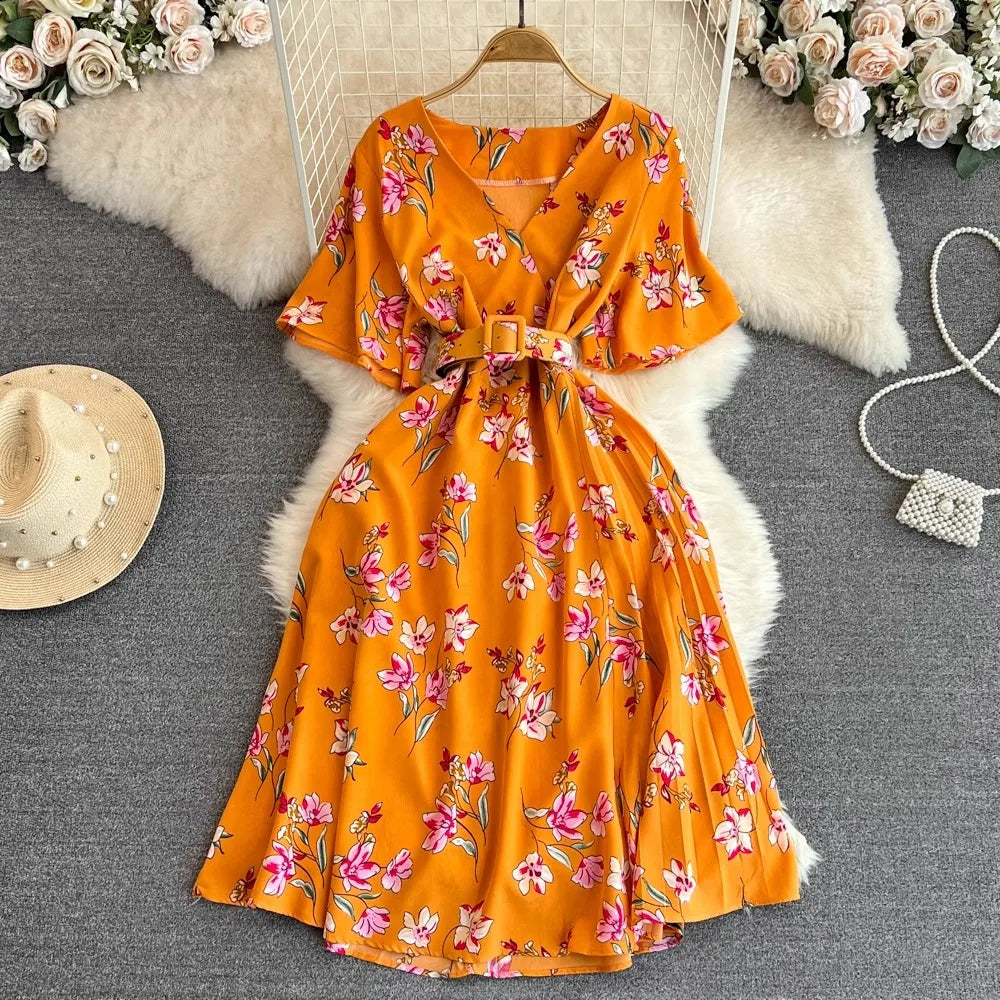 Floral V-Neck Belted Maxi Dress