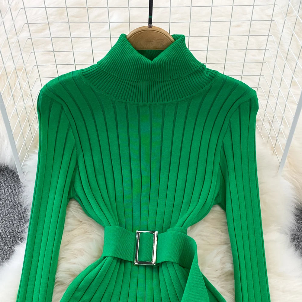 Belted Turtleneck Knit Bodycon Sweater Dress