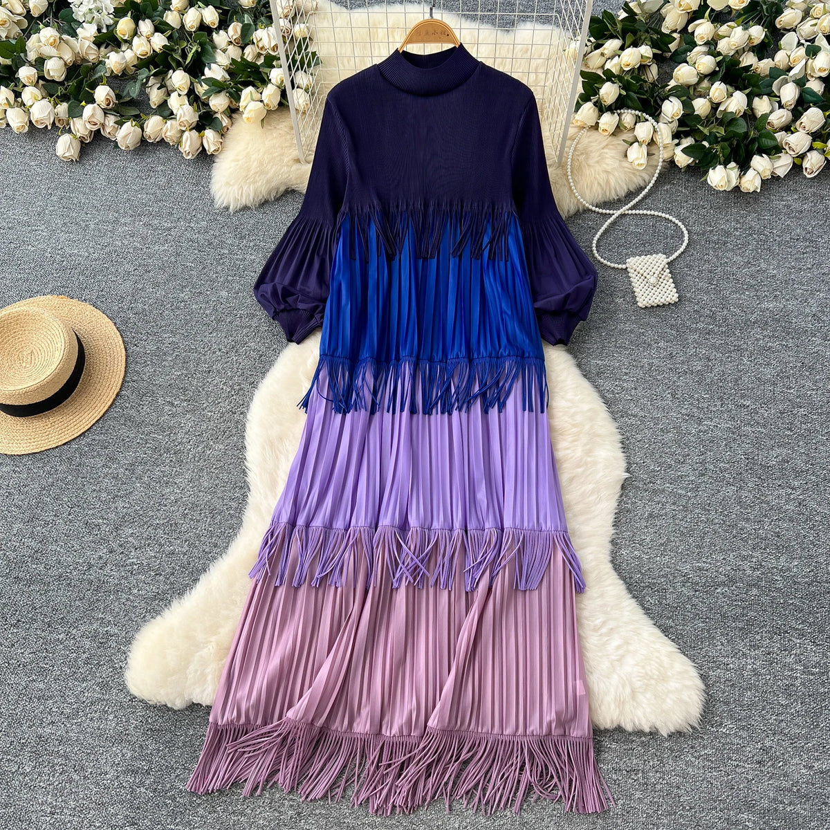 Tassel Patchwork Lantern Sleeve Dress