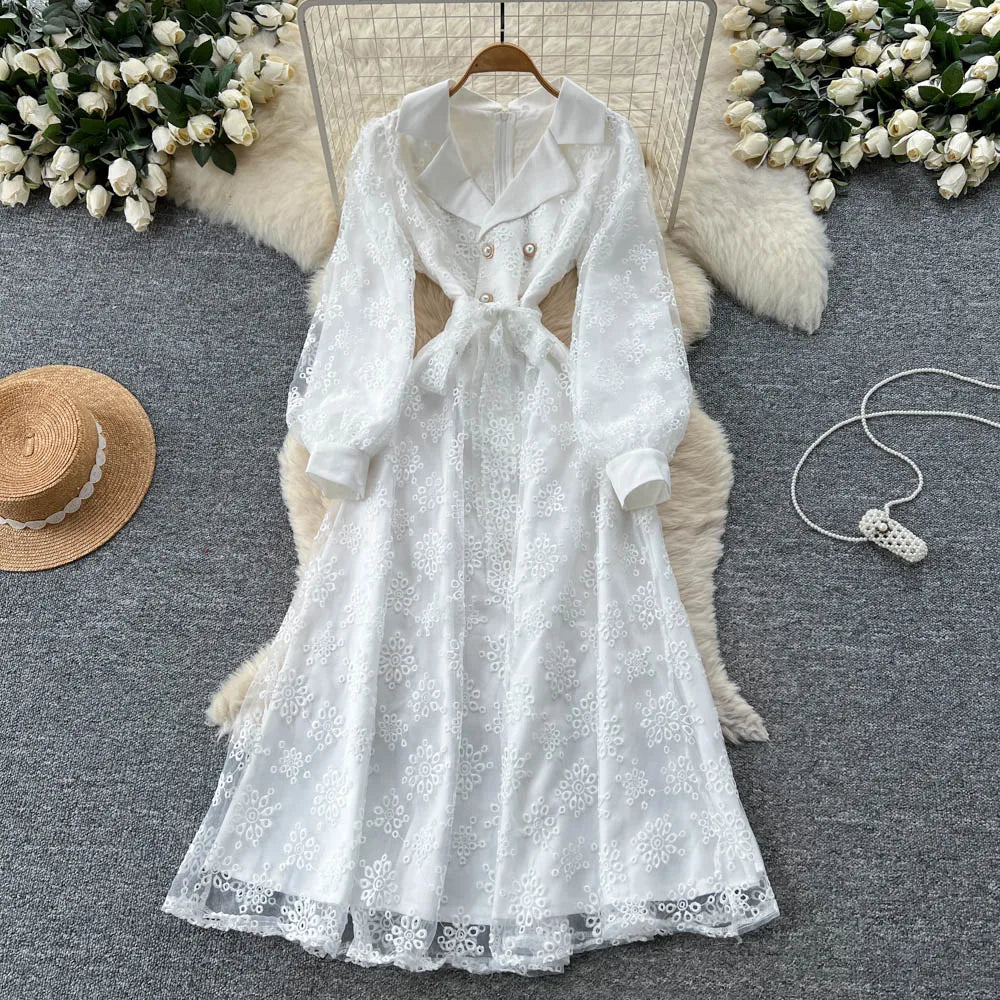 Embroidered Mesh Long Sleeve Dress