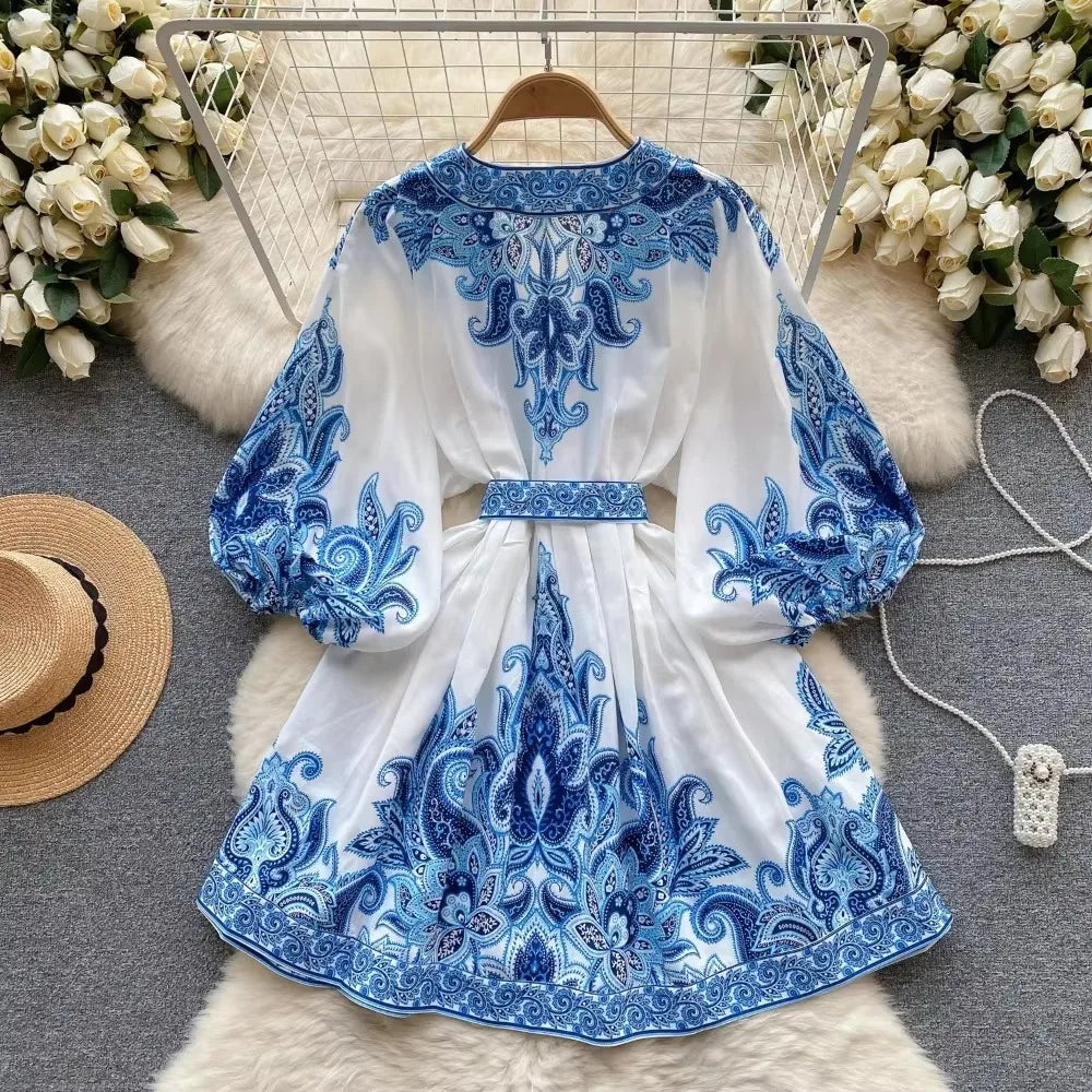Print Puff Sleeve V-Neck Mini Dress