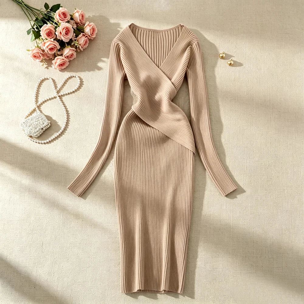 V-Neck Knit Bodycon Office Sweater Dress