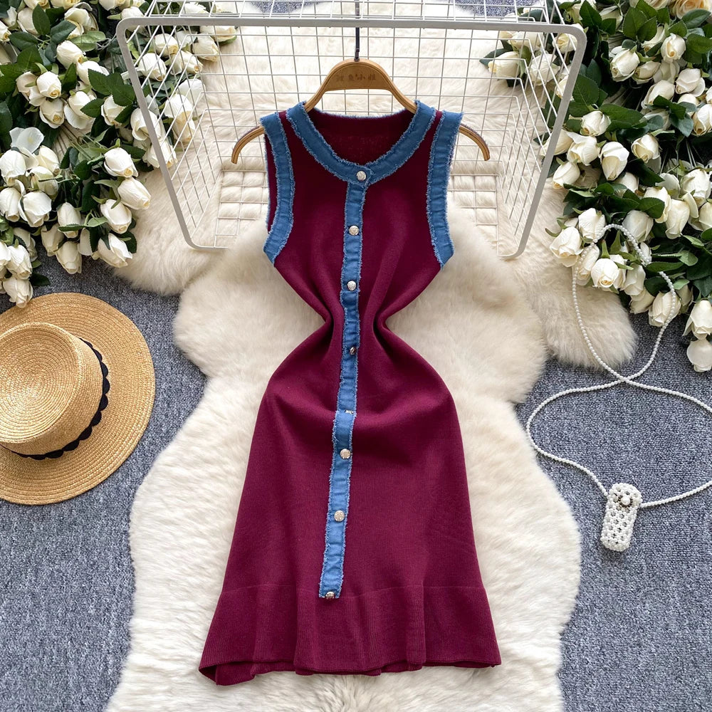 Denim Patchwork Ruffled Knit Mini Dress