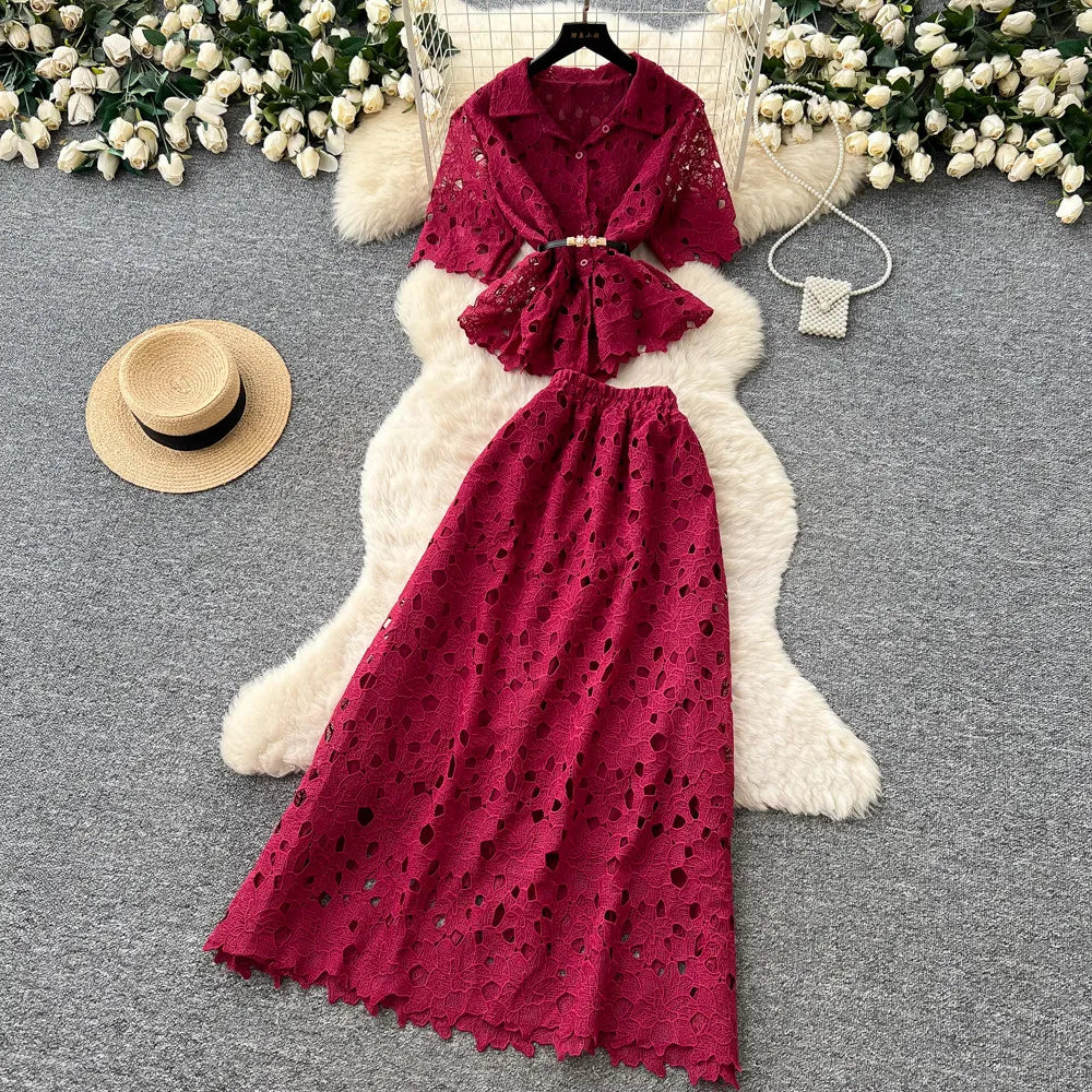 Lace Collared Top and A-Line Skirt Set