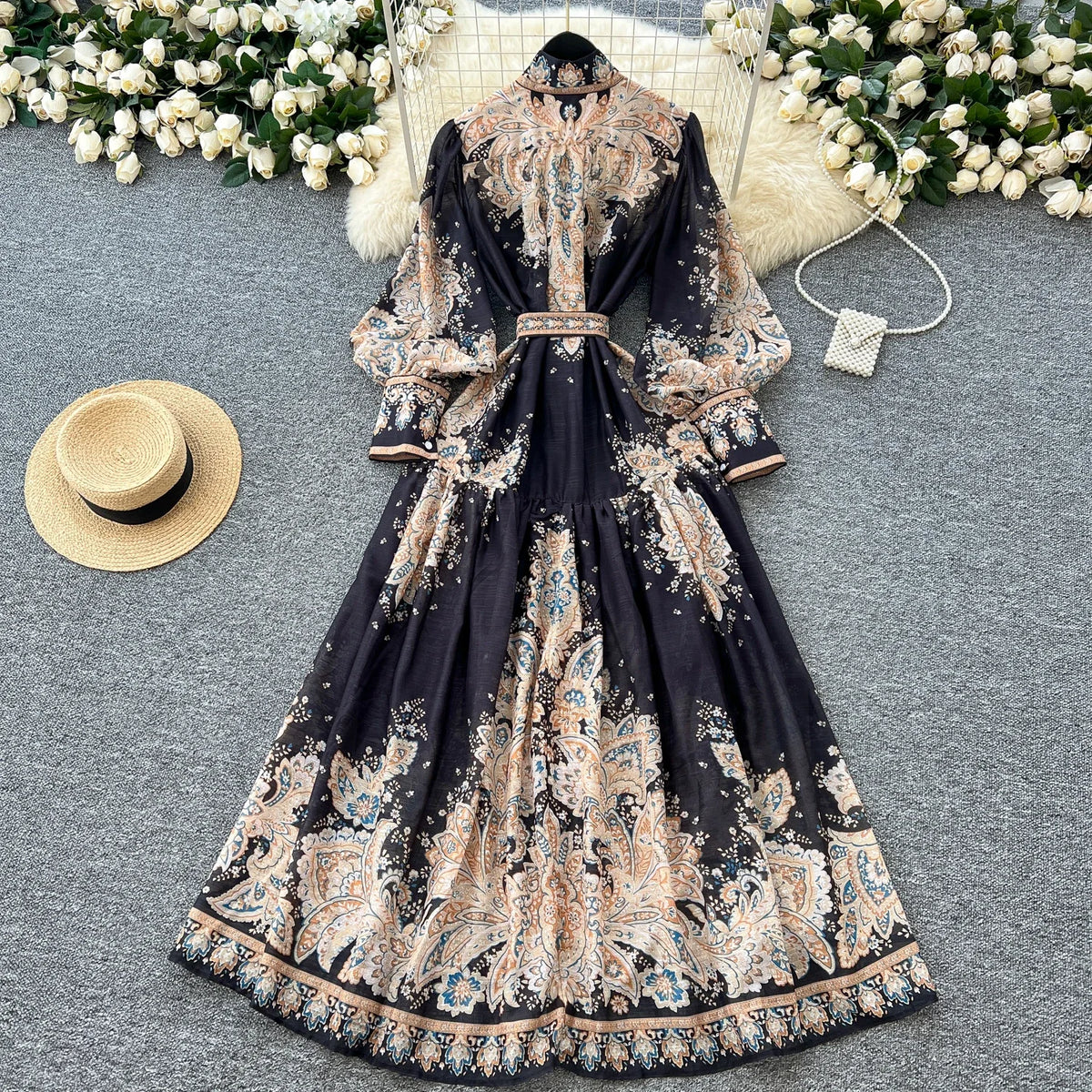 Printed Puff Sleeve Button Maxi Dress