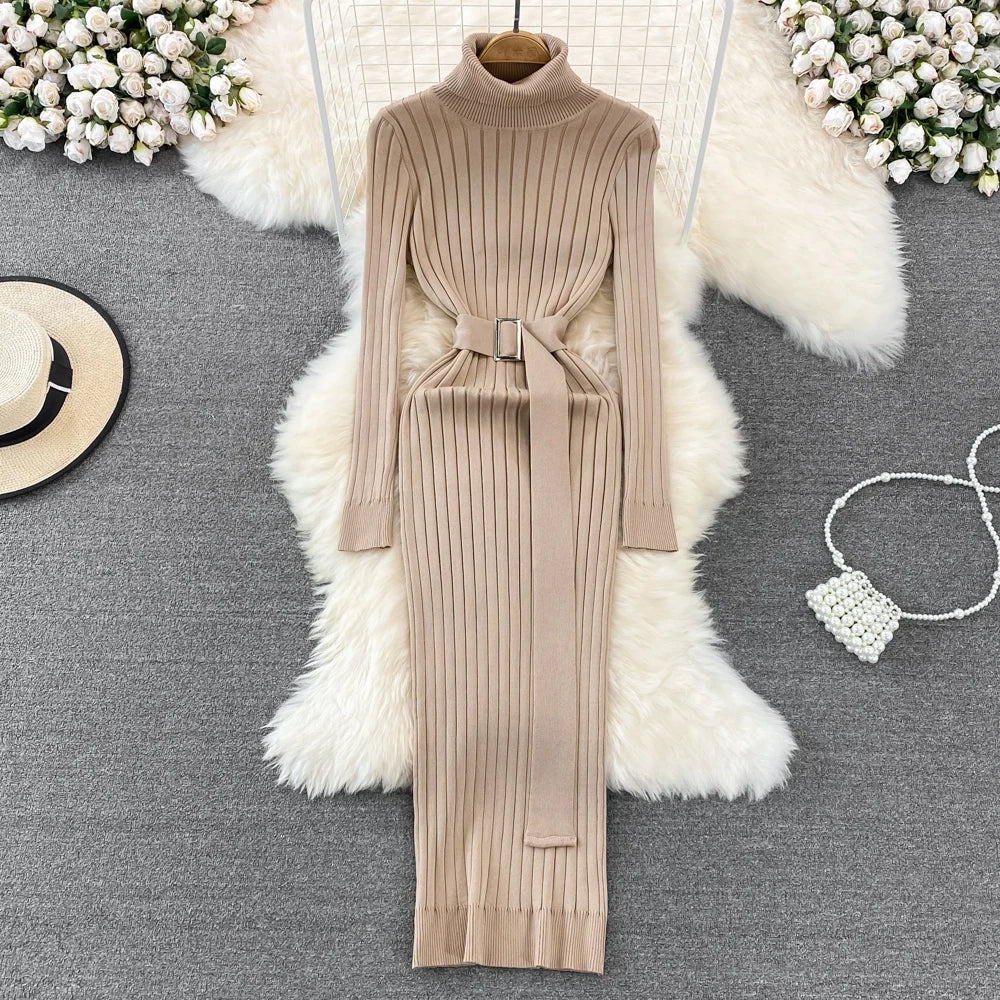 Belted Ribbed Turtleneck Knit Maxi Dress