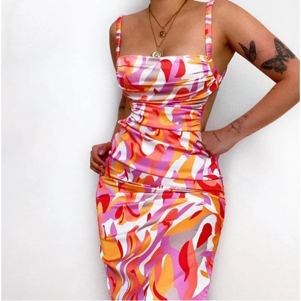 Print Lace Split Slip Dress