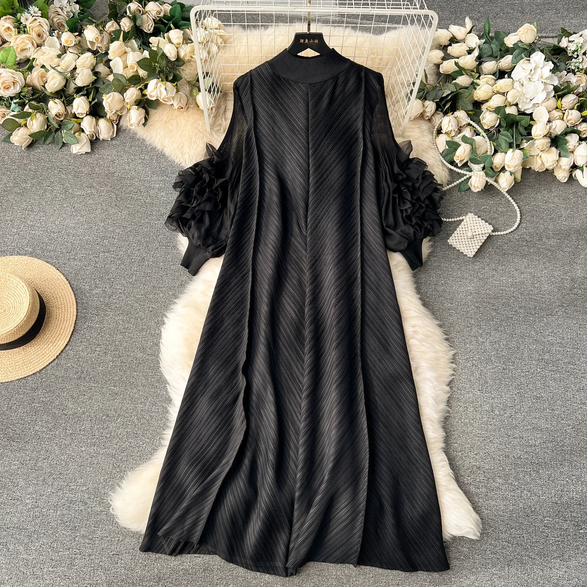 Pleated 3D Flower Loose Long Dress