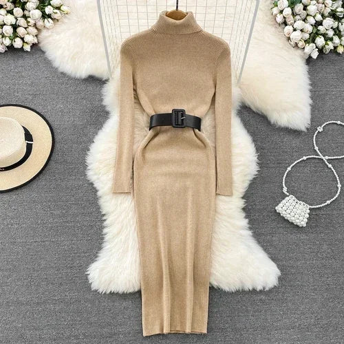 Belted Turtleneck Knit Pencil Dress