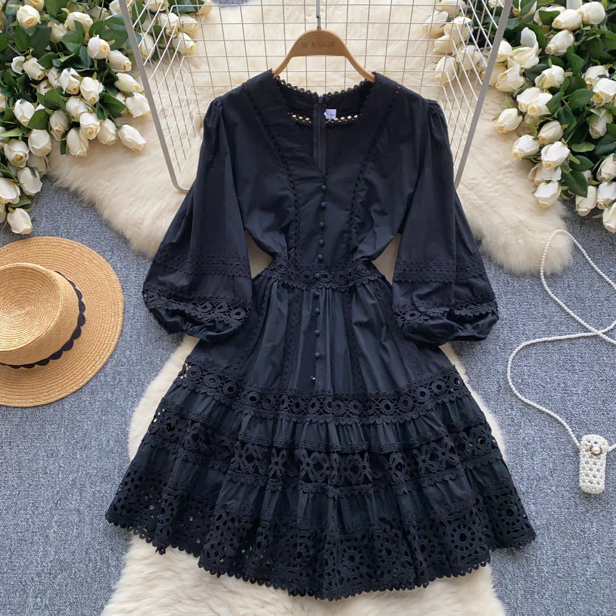 Lace V-Neck Lantern Sleeve Puff Dress