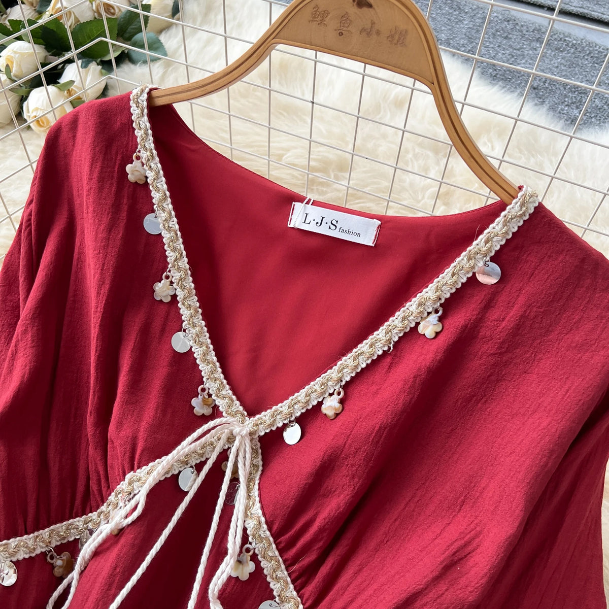 Tassel Lace-Up V-Neck Beach Dress