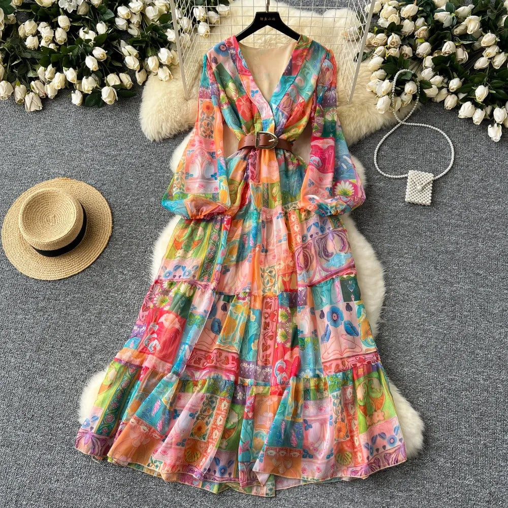 Chiffon Print Lantern Sleeve Ruffle A-Line Dress