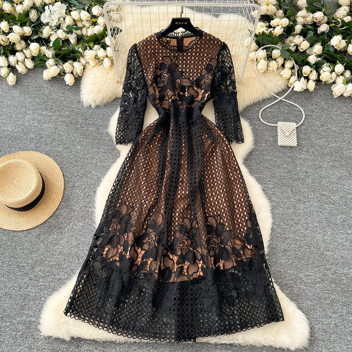 Crochet Floral Hollow Out Half Sleeve Dress