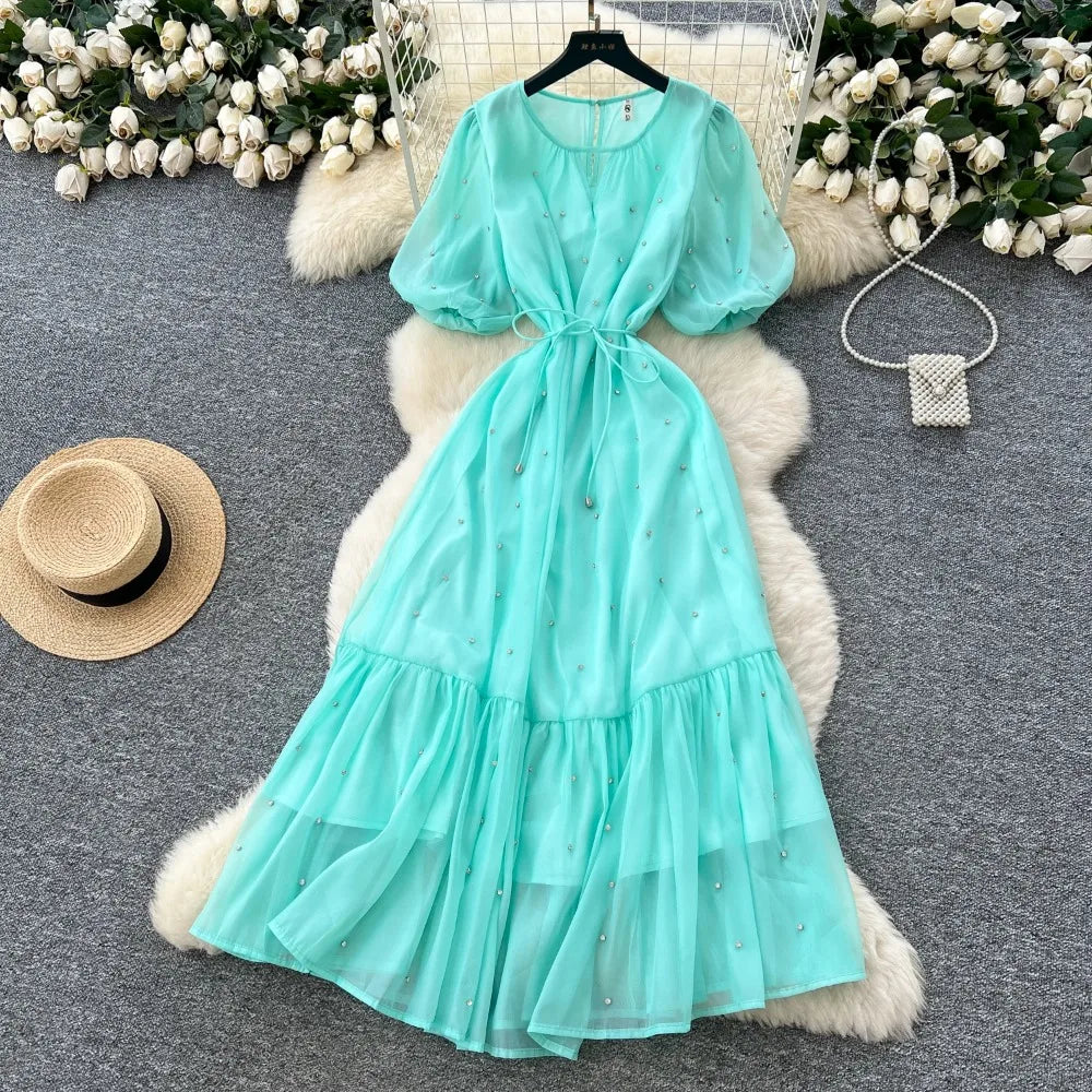 Rhinestone Mesh Lantern Sleeve Long Dress