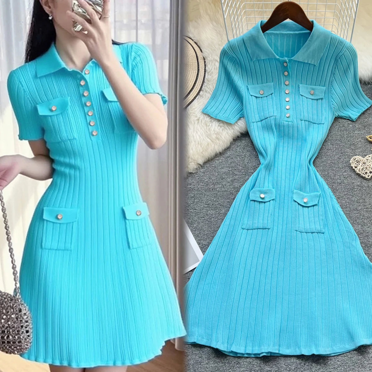 Slim Waist Knit Mini Dress