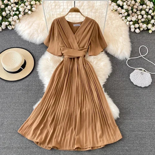 Pleated Lace-Up V-Neck A-Line Sundress