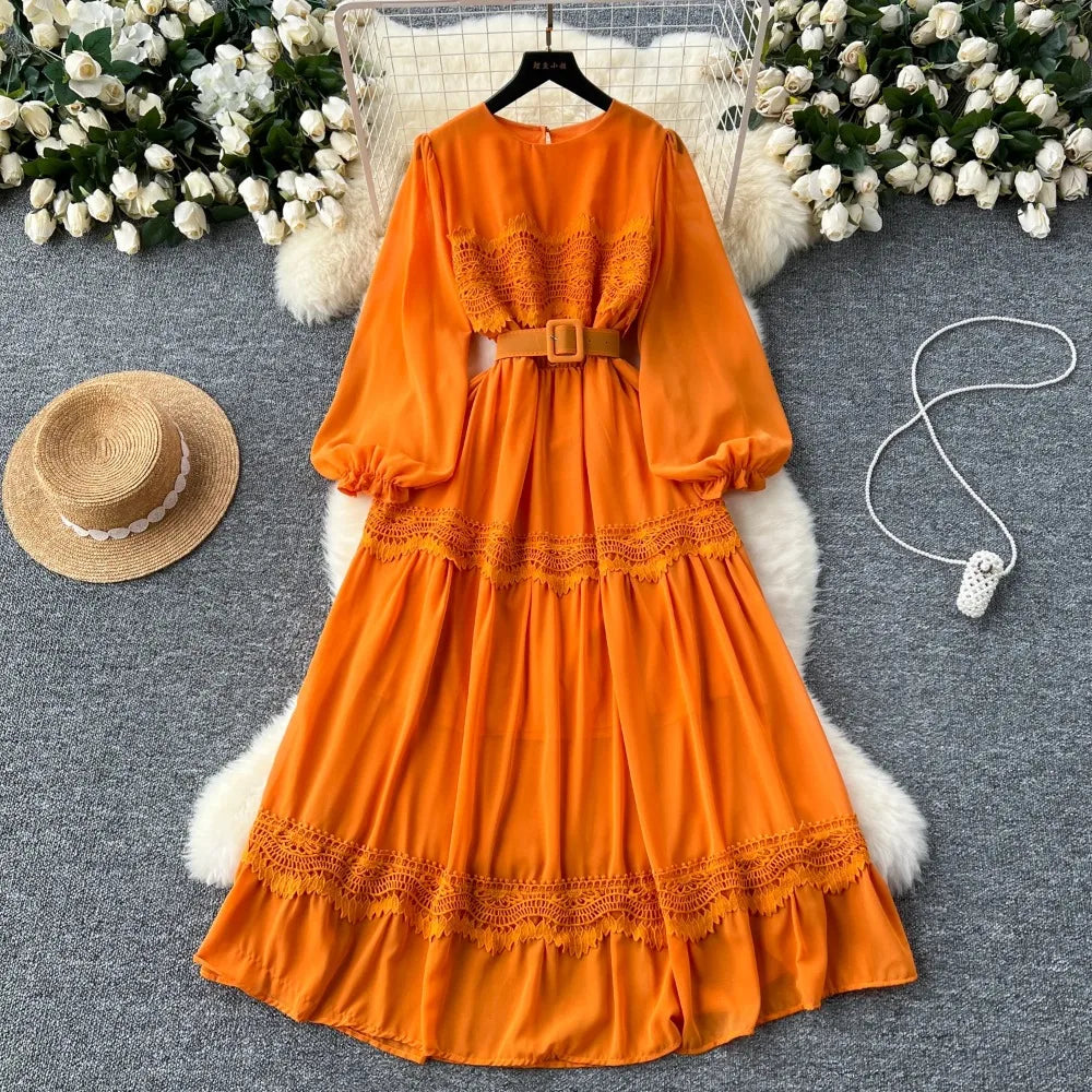 Lace Patchwork Lantern Sleeve Dress