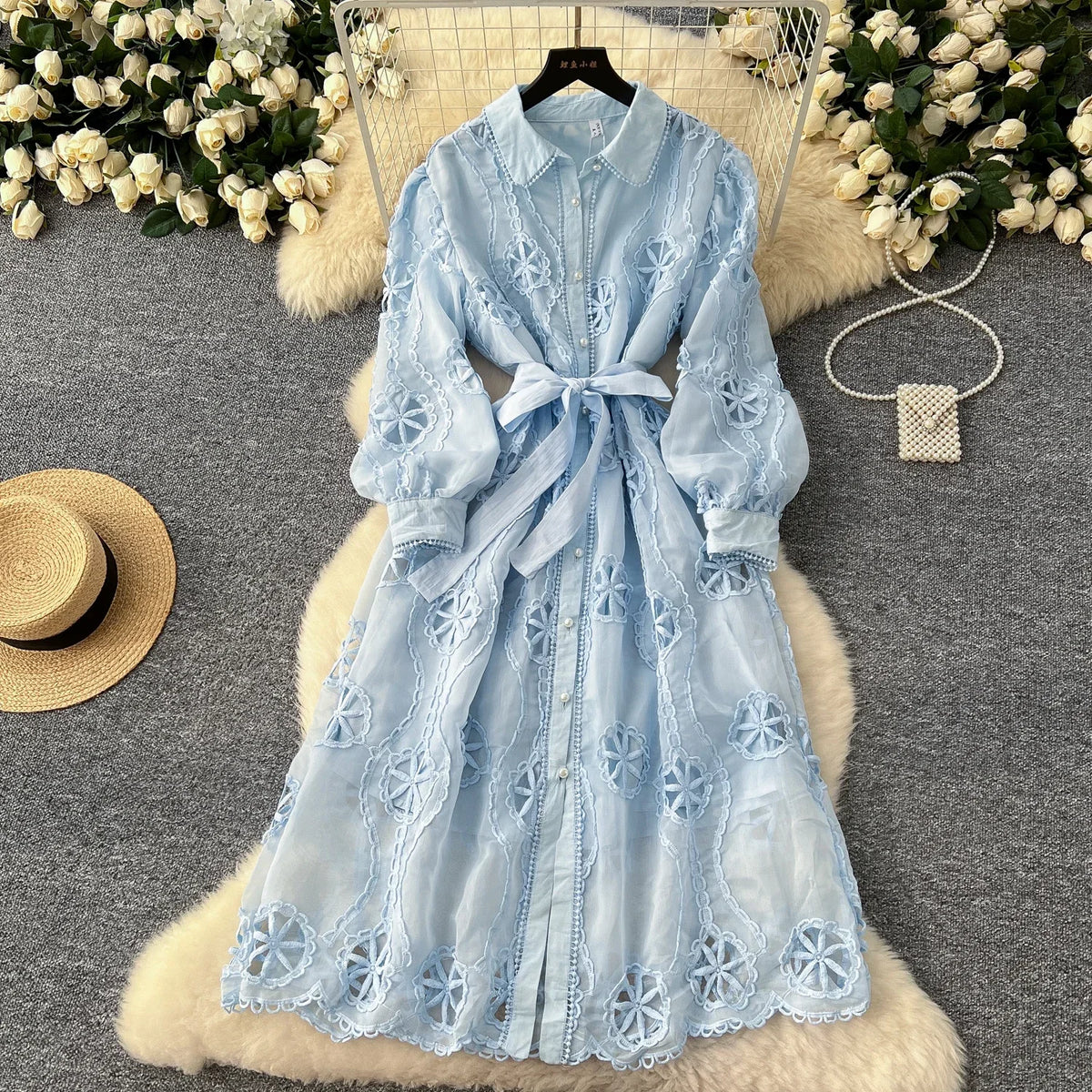 Embroidered Lapel Lantern Sleeve Long Dress
