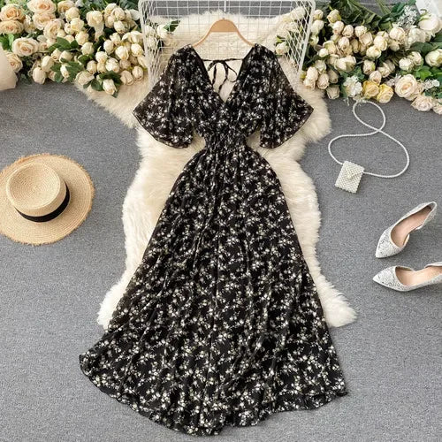 Floral Ruffle Chiffon V-Neck Midi Dress