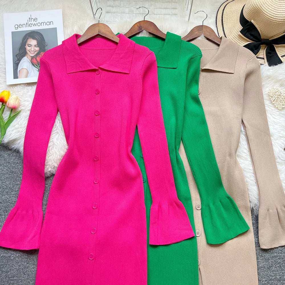 Button-Front Knit Shirt Sweater Dress