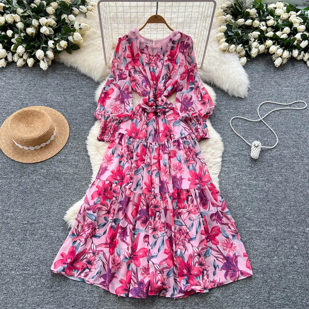 Print Lantern Sleeve High Waist Beach Dress