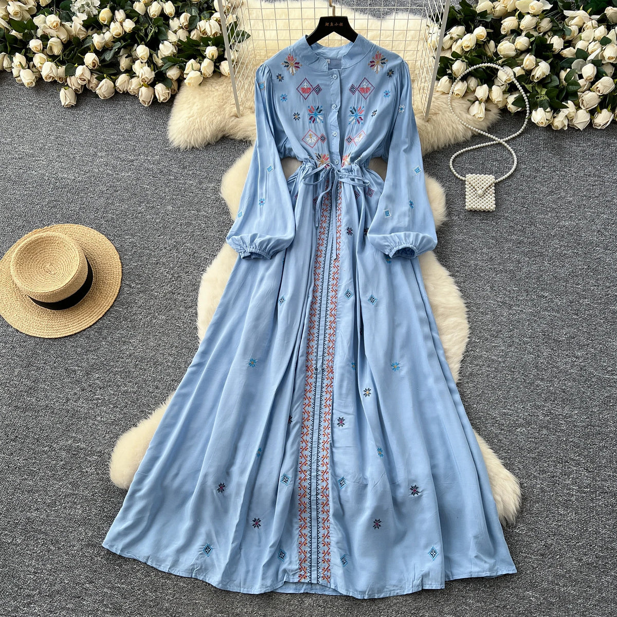 Embroidered Print Mesh Maxi Wrap Dress
