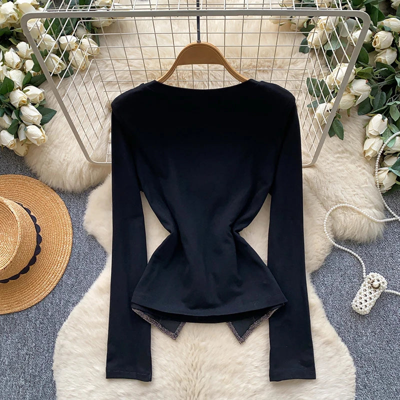 Tweed Panel Tie Waist Peplum Blouse