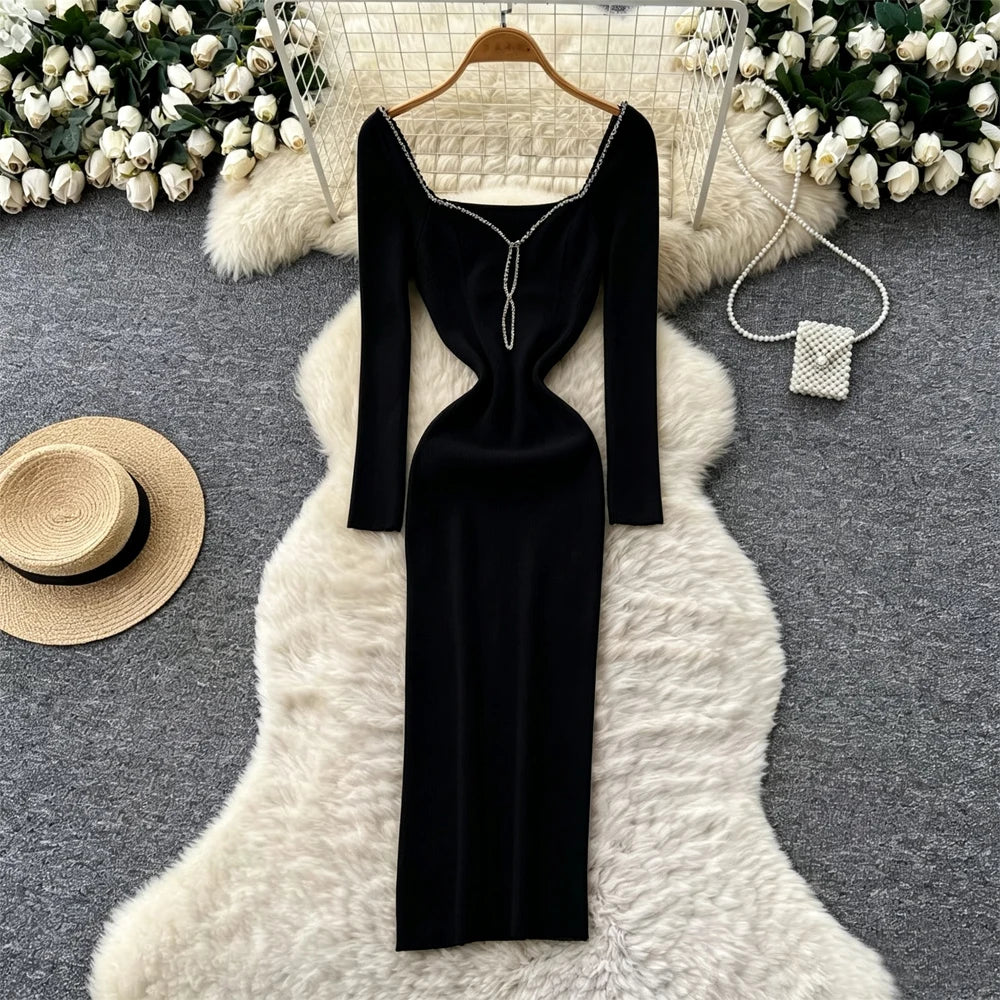 Rhinestone Long Sleeve Bodycon Maxi Dress