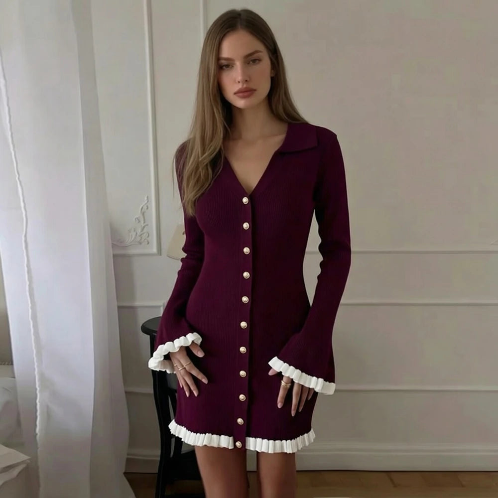 Ribbed Flare Sleeve Ruffle Hem Mini Dress