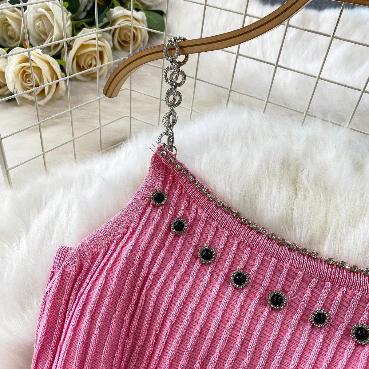 Chain Strap Off-Shoulder Knit Dress