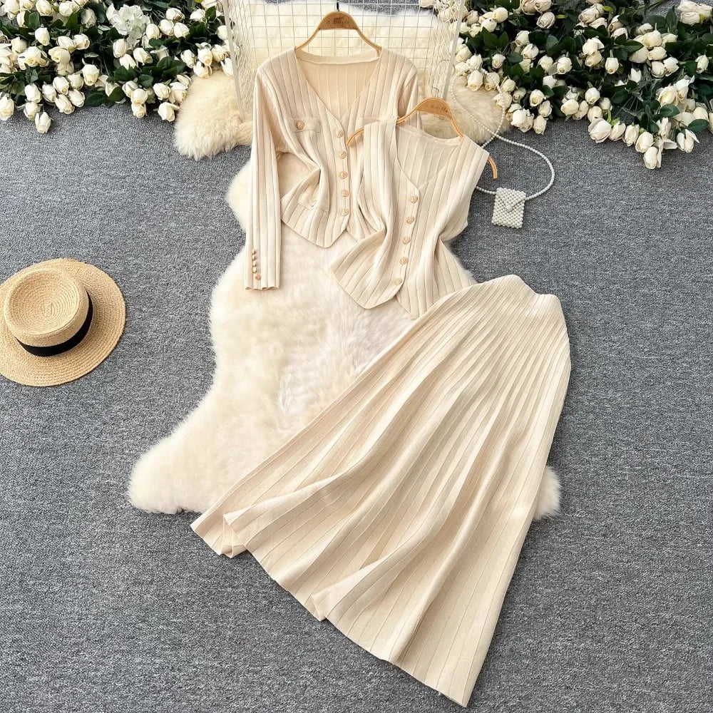 Knit Vest Cardigan and Skirt Three Piece Set