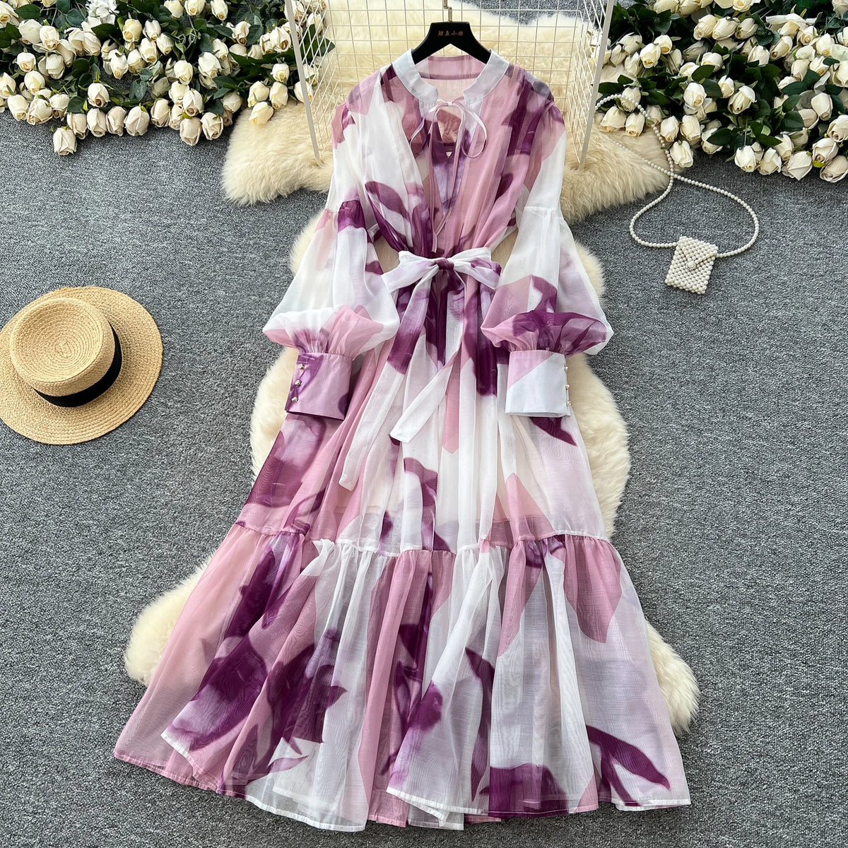 Printed Mesh Long Sleeve Maxi Dress