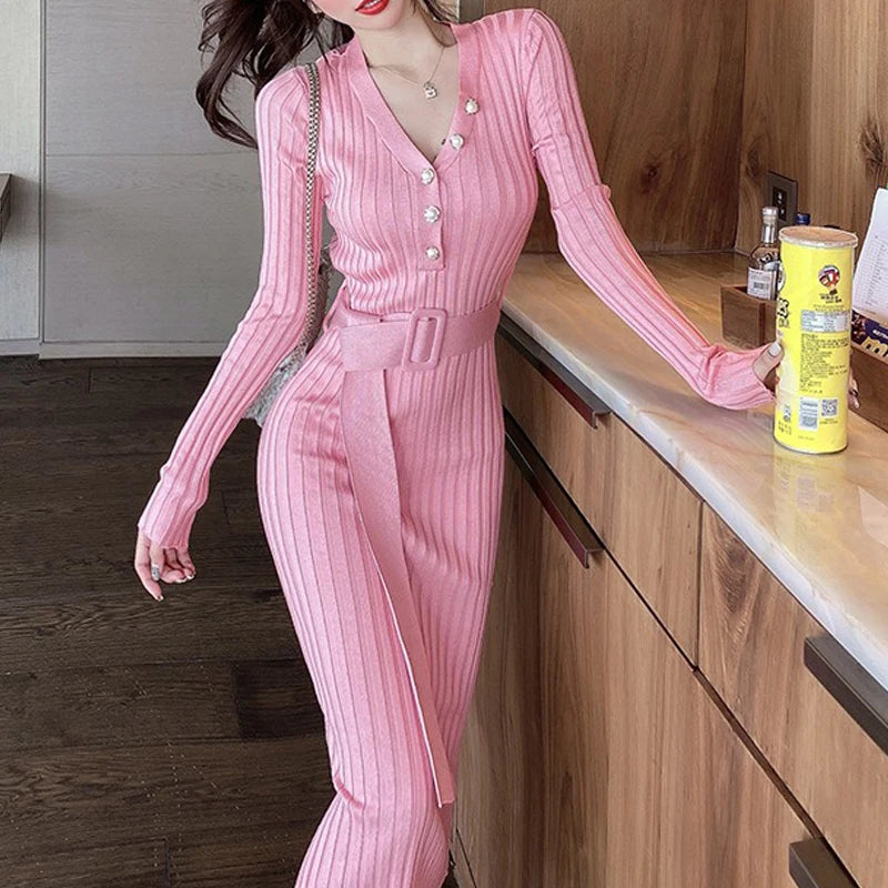 Belted Ribbed V-Neck Knit Sweater Dress