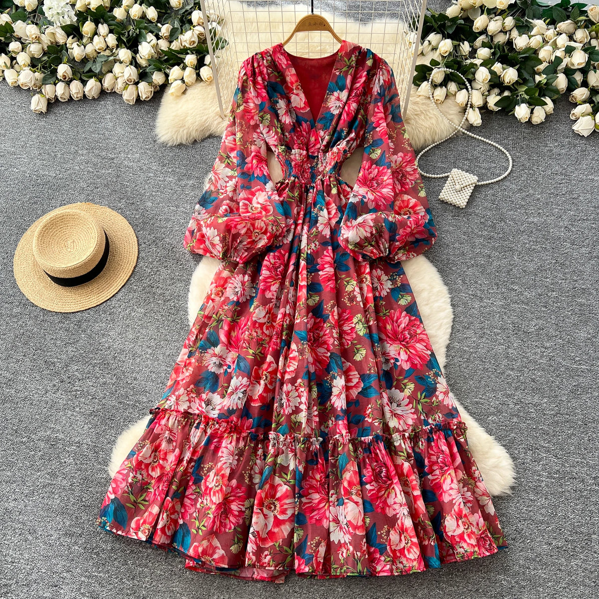 Pleated Print V-Neck Lantern Sleeve Long Dress