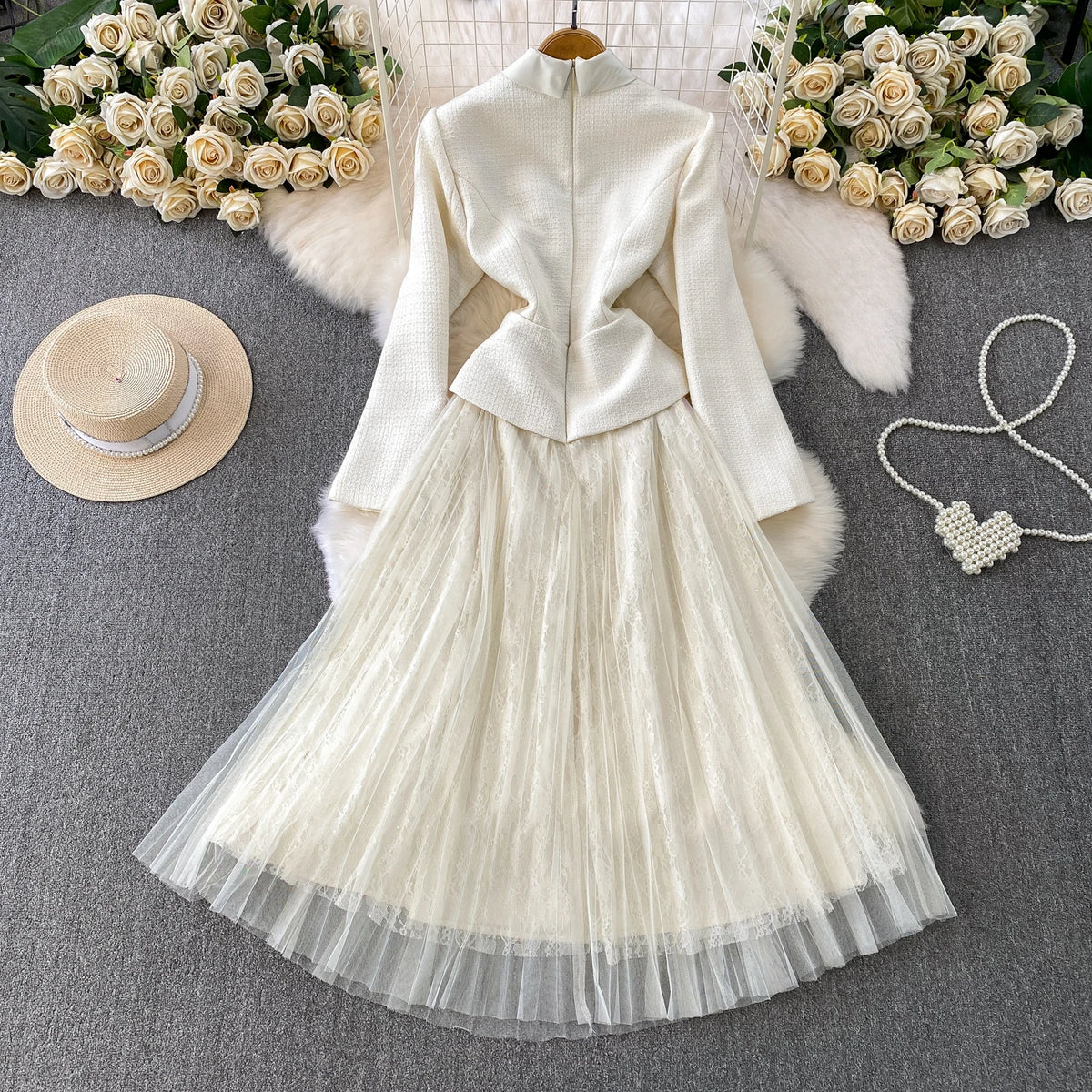 Mesh Paneled Long Sleeve Party Dress